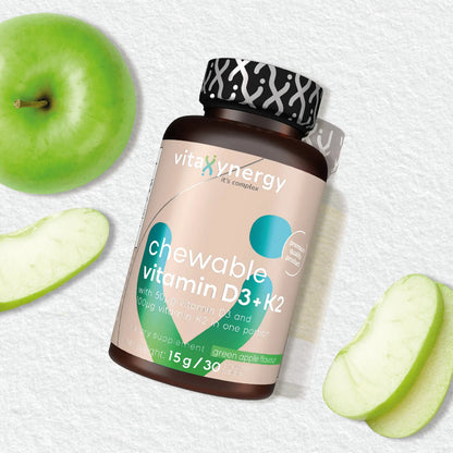 Chewable Vitamin D3+K2 – Bone, Heart & Immune Health, Green Apple, 30 Tablets