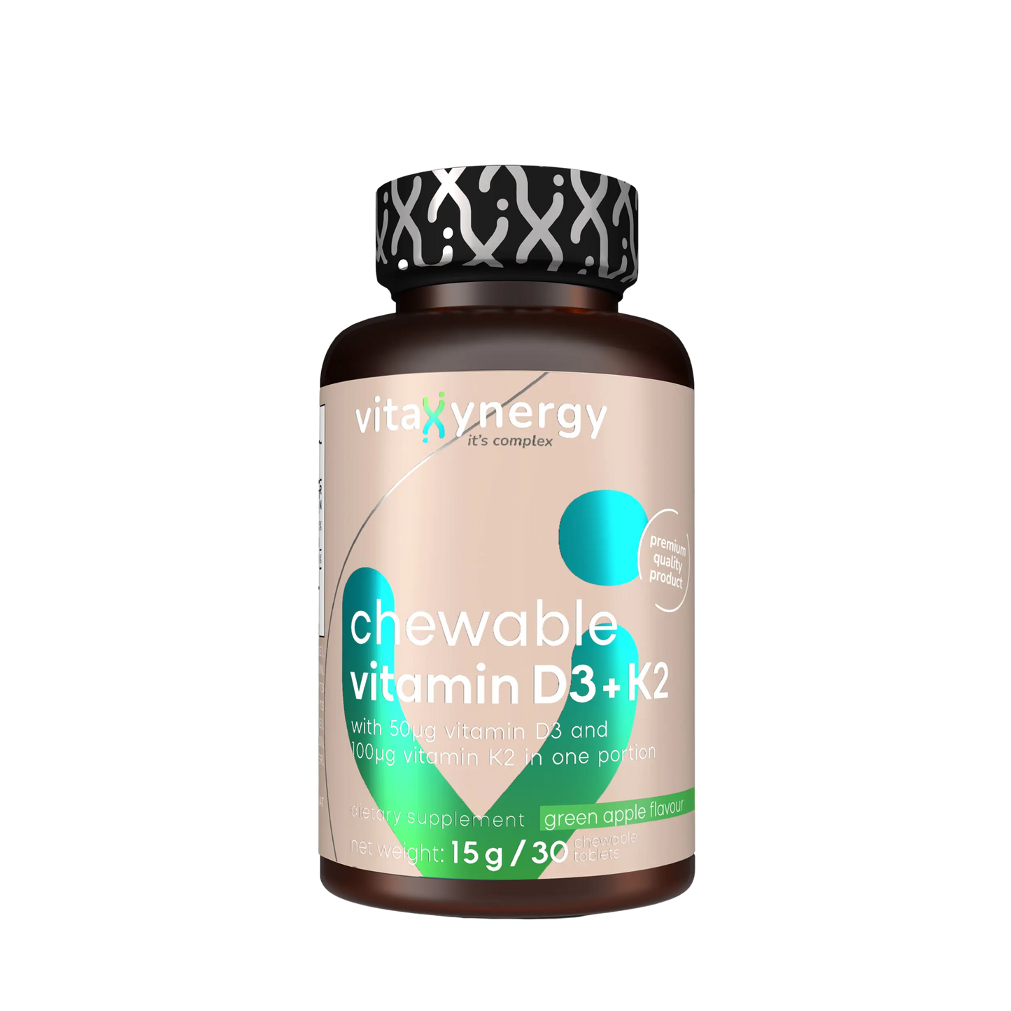 Chewable Vitamin D3+K2 – Bone, Heart & Immune Health, Green Apple, 30 Tablets