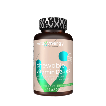 Chewable Vitamin D3+K2 – Bone, Heart & Immune Health, Green Apple, 30 Tablets