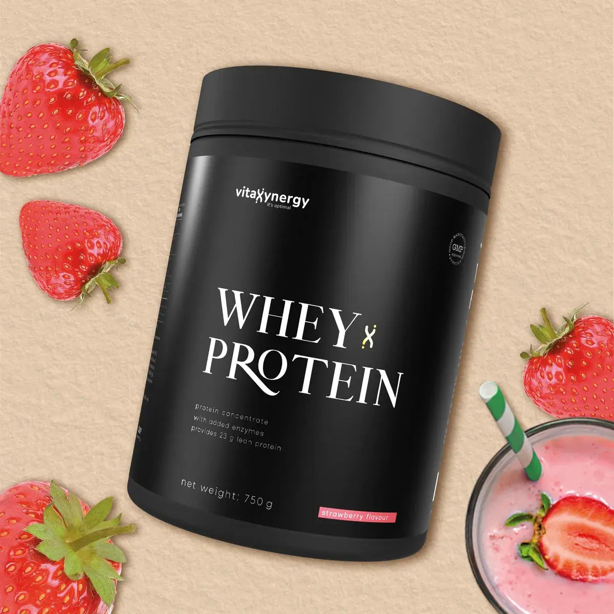 Whey Protein Powder Strawberry – 750g, 23g Protein, Sugar-Free