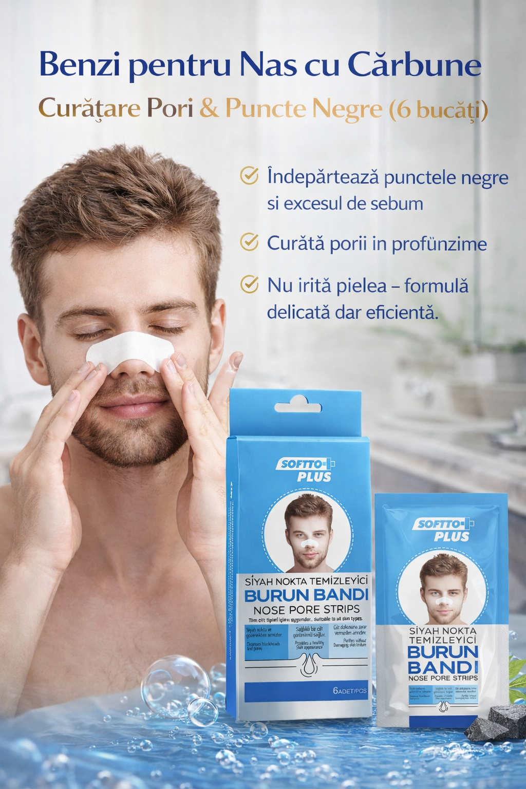 Benzi pentru Nas cu Cărbune – Curățare Pori & Puncte Negre (6 bucăți)